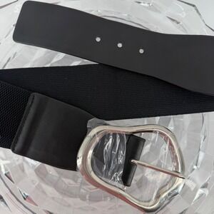 Womens Wide Black Elastic Waist Cinch Belt Silver Buckle 80cm XZQTIVE  NEW